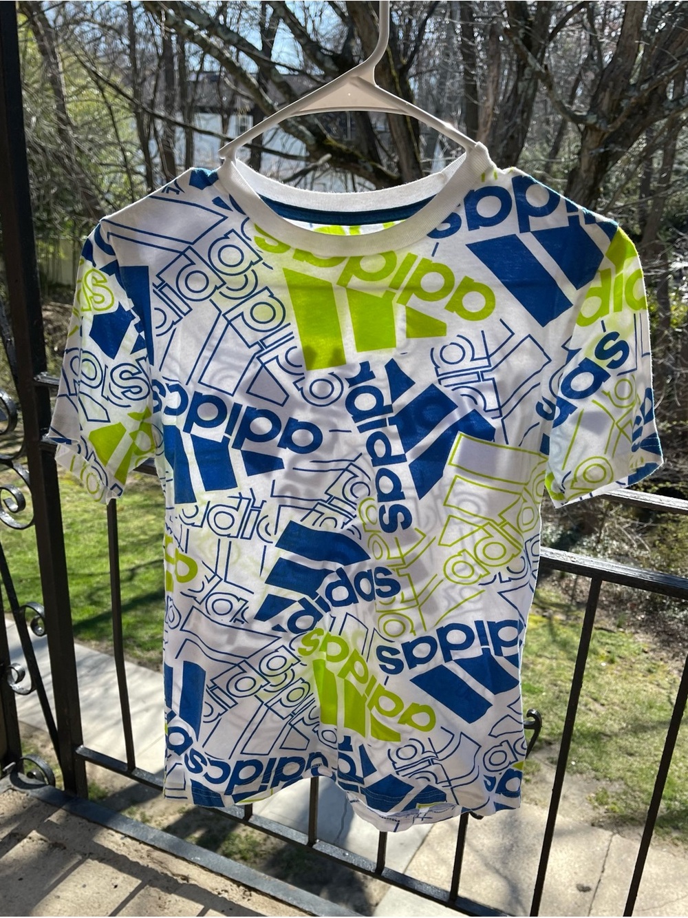 Adidas All Over Print Logo Graphic T-Shirt Y2K Streetwear Blue Green White Tee